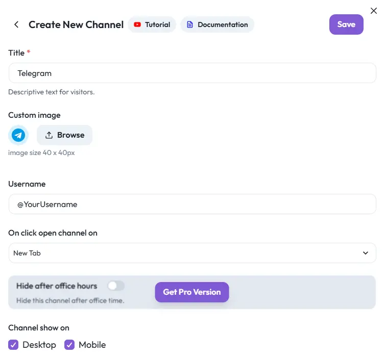 Add Telegram Channel Username