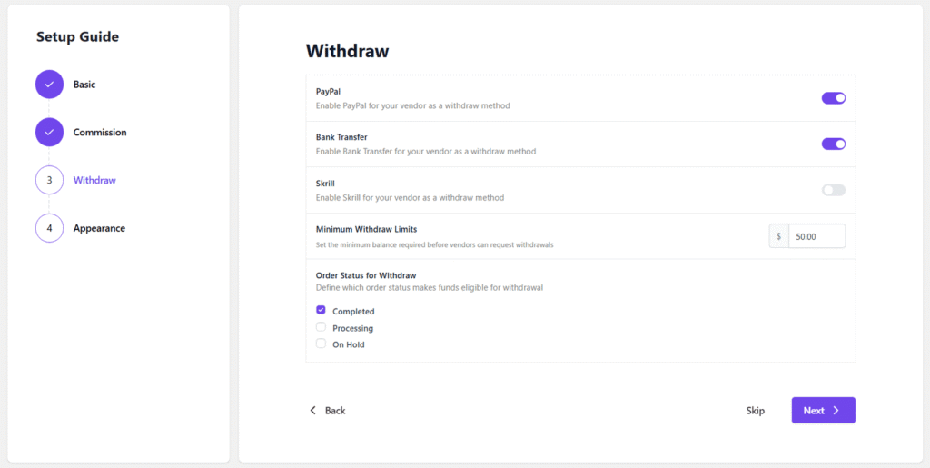 Dokan Widthraw Setup Wizard