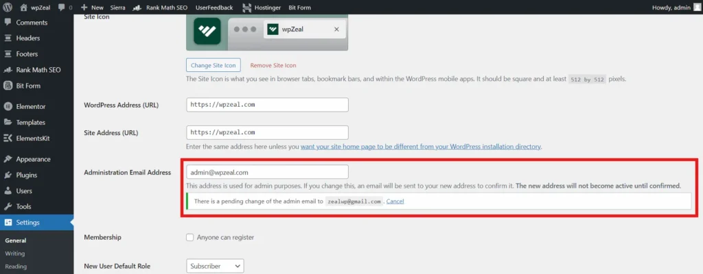 WordPress Change Admin Email