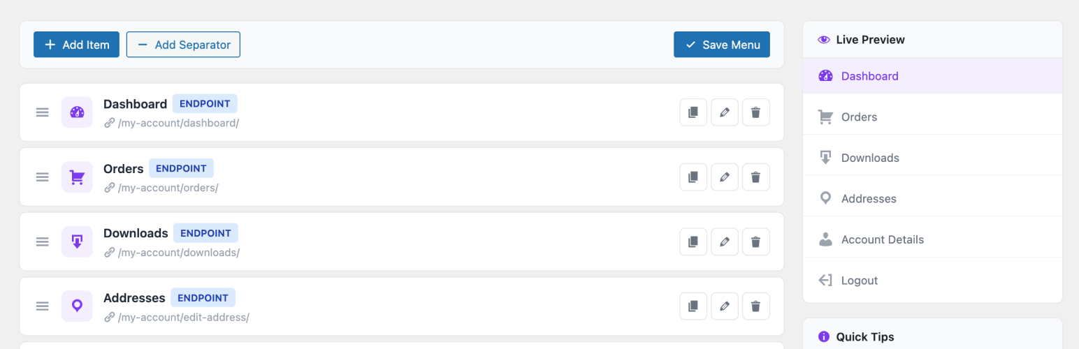 My Account Menu Builder for WooCommerce