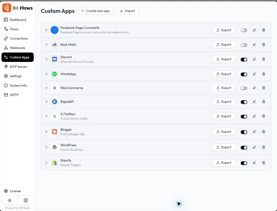 Bit Flows custom apps management screen