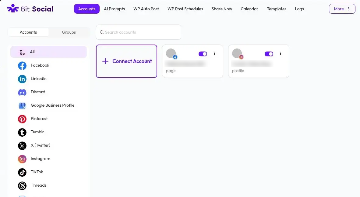 Bit Social Accounts screen showing connected Facebook and Instagram accounts