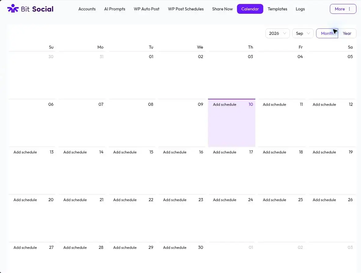 Bit Social monthly social media content calendar in WordPress