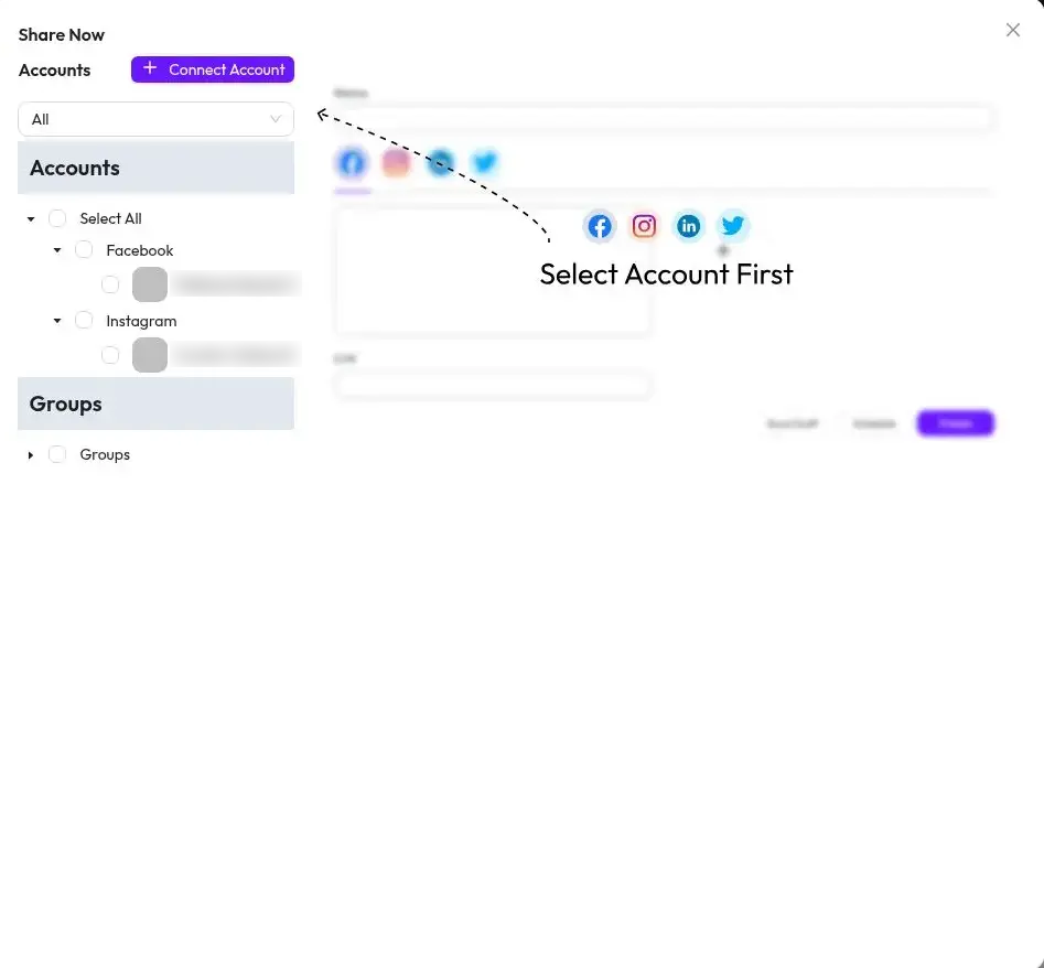 Bit Social Share Now composer for selecting accounts and creating a social post