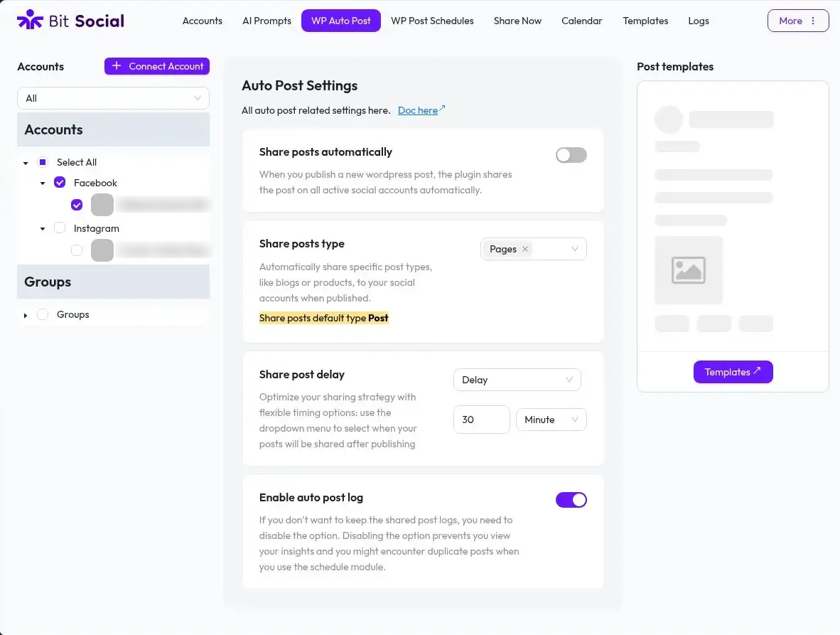 Bit Social WP Auto Post settings for WordPress content